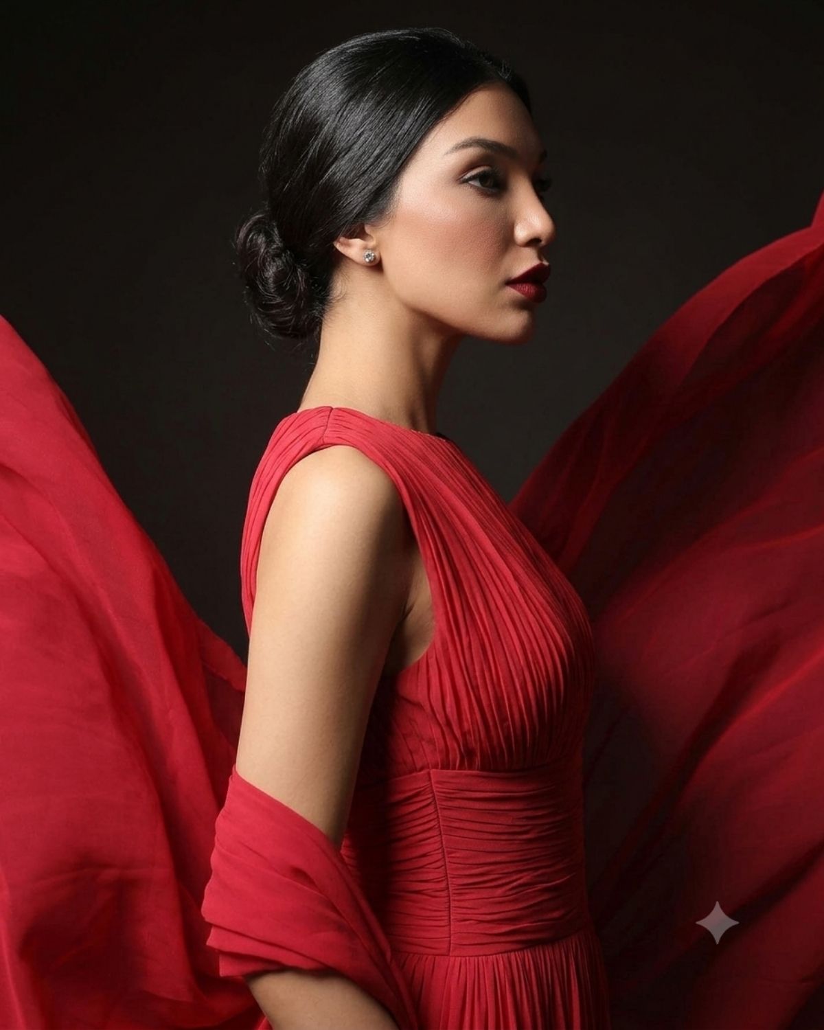 Red pleated sleeveless gathered gown