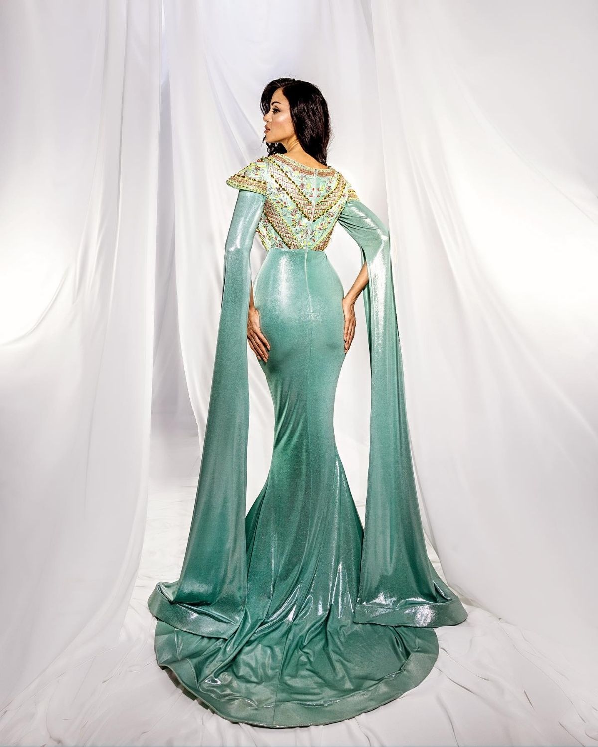 Feroze Blue embroidered cape sleeves front slit bodycon gown