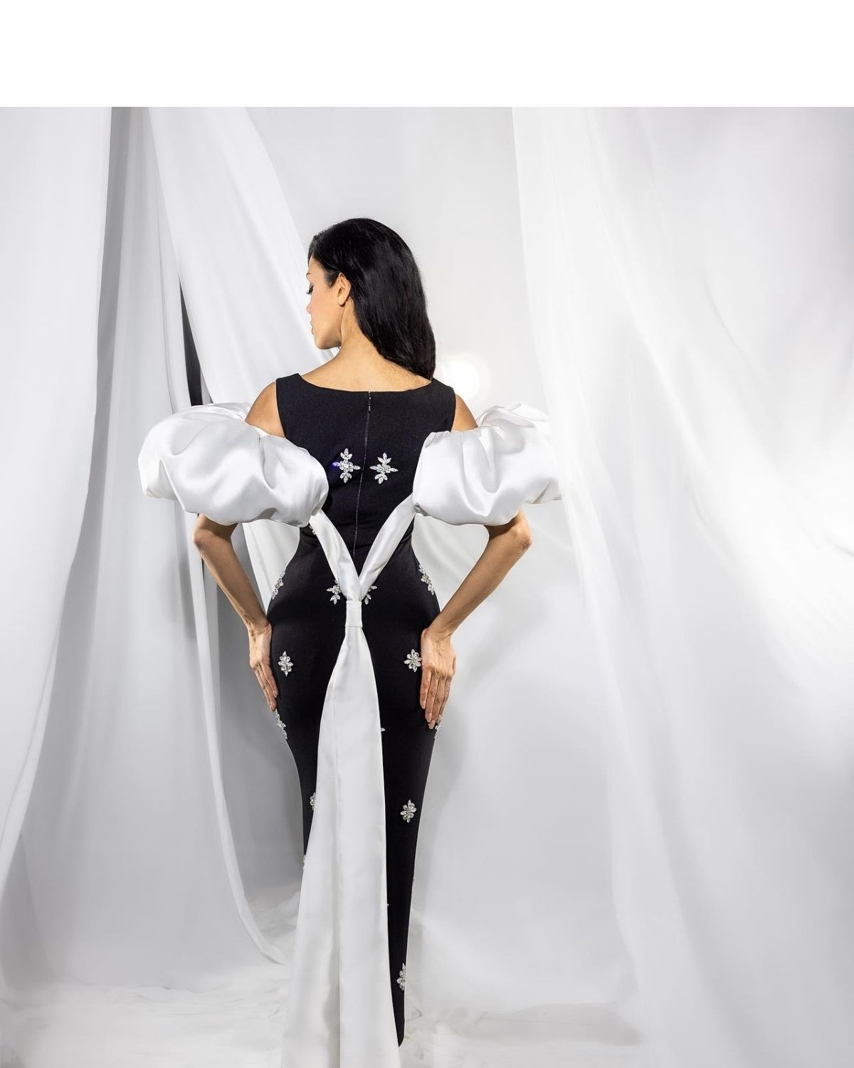White and Black embroidered Bodycon Gown with back knot pattern