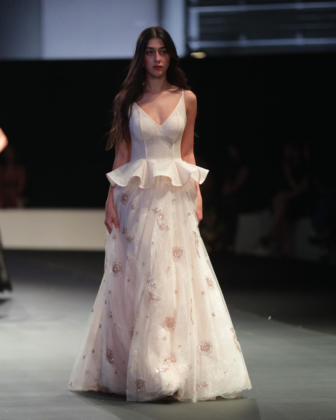 White corset peplum V neck gown