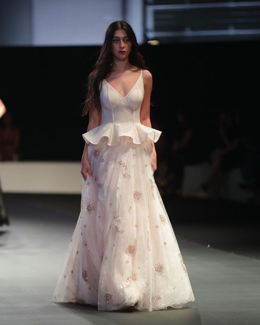 White corset peplum V neck gown
