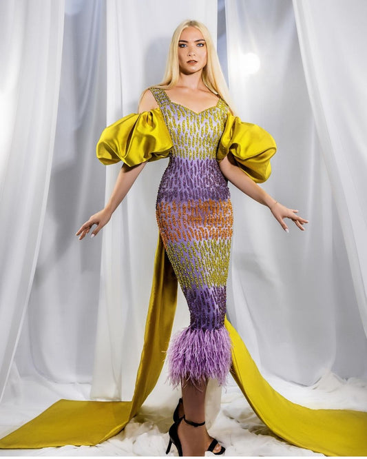 Multi-color embroidered bodycon gown with back knot detailing.