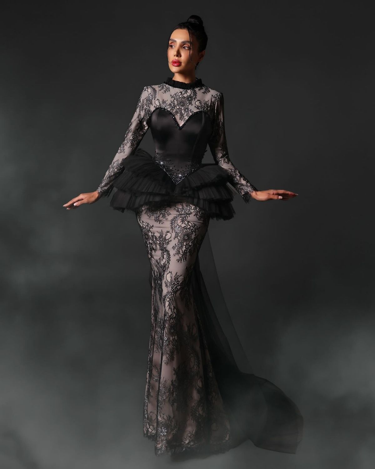 Black embroidered textured corset mermaid gown