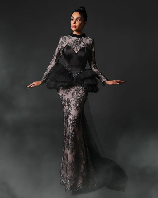 Black embroidered textured corset mermaid gown