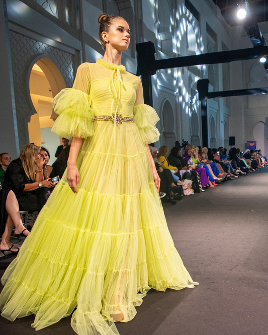 Lemon yellow tulle ruffle gathered ball gown