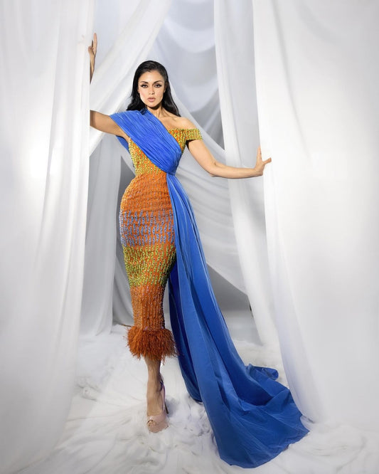 Blue and orange multicolor embroidered bodycon drape gown