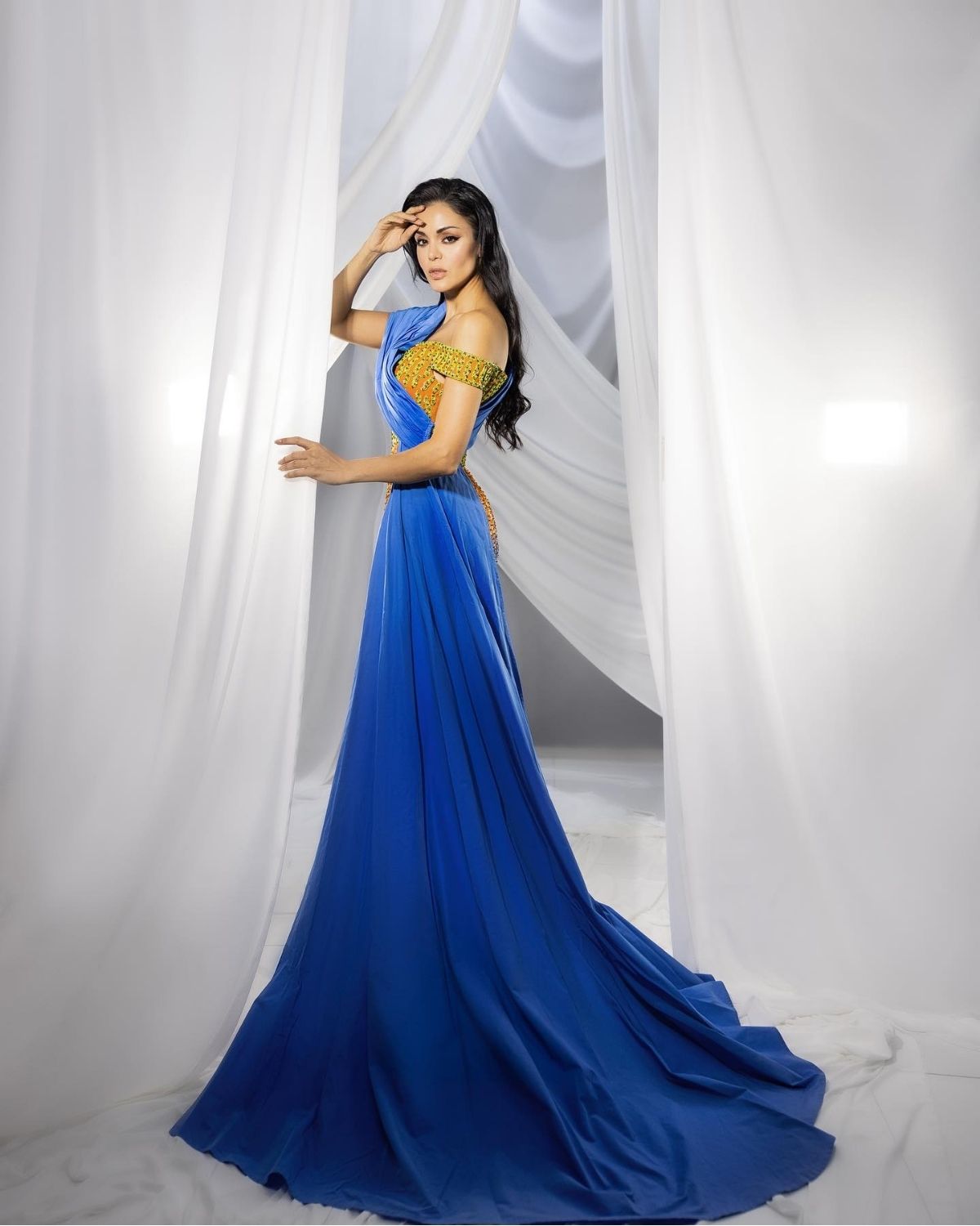 Blue and orange multicolor embroidered bodycon drape gown