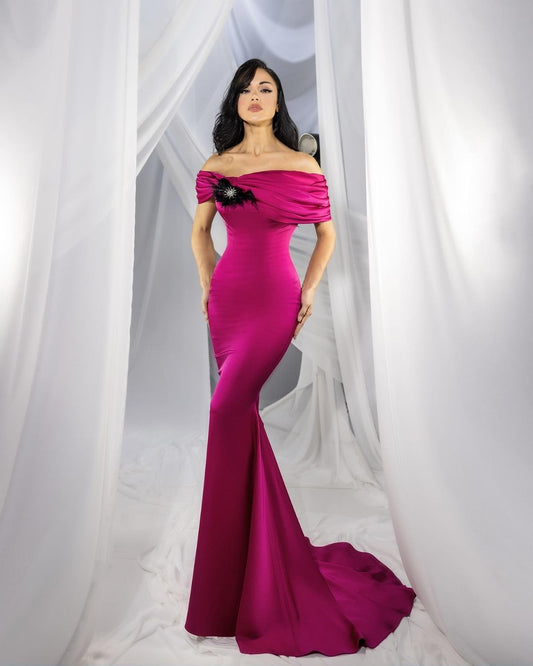 Hot Pink embroidered off shoulder bodycon gown