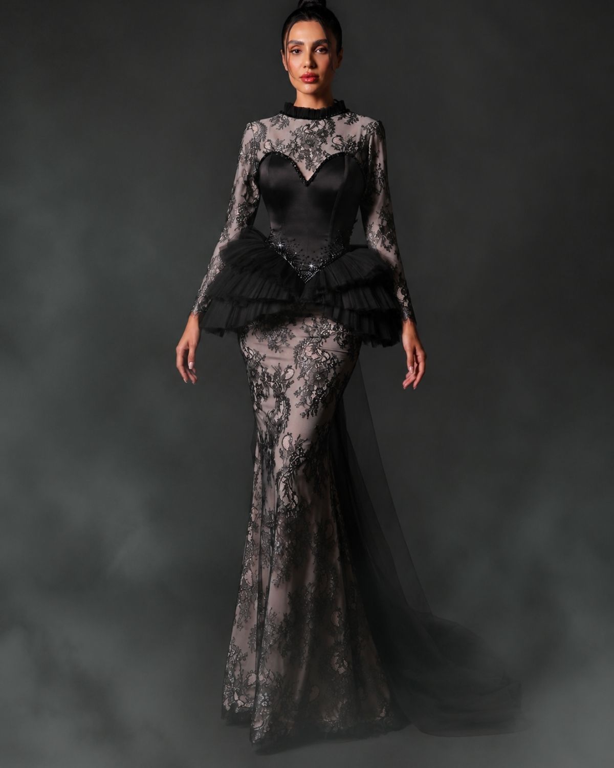 Black embroidered textured corset mermaid gown