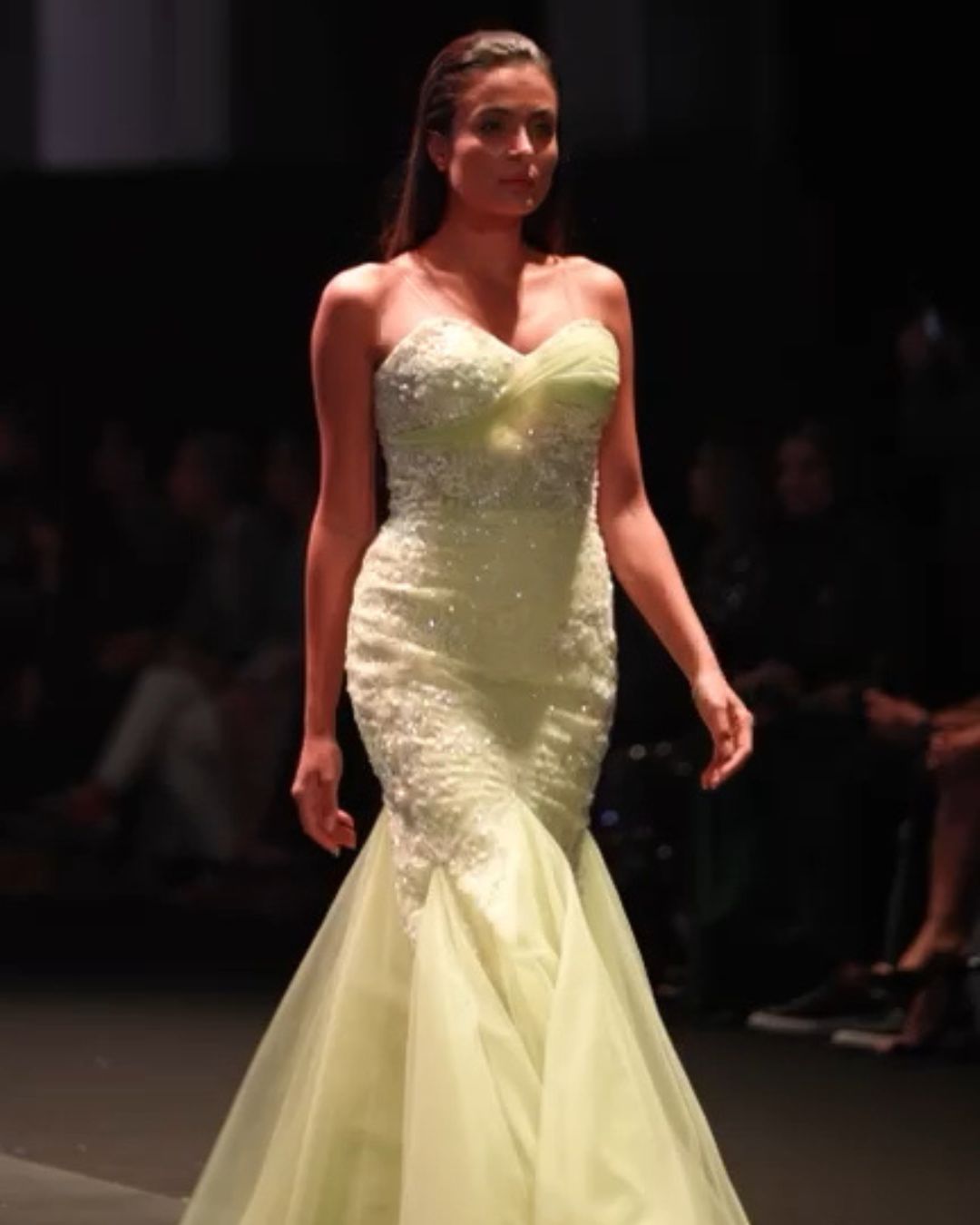 Light green embroidered off shoulder bodycon gown