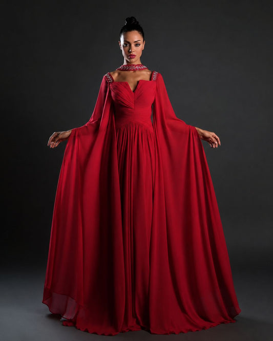 Red embellished Cape sleeve gathered flowy gown