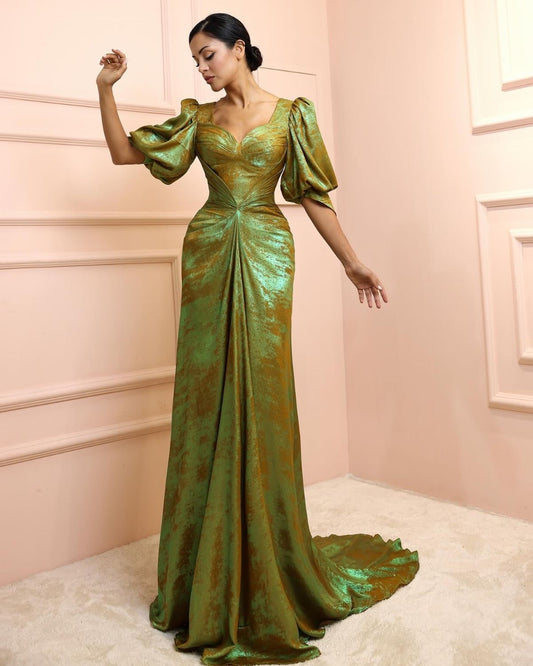 Green gathered sleeves drape tunic gown