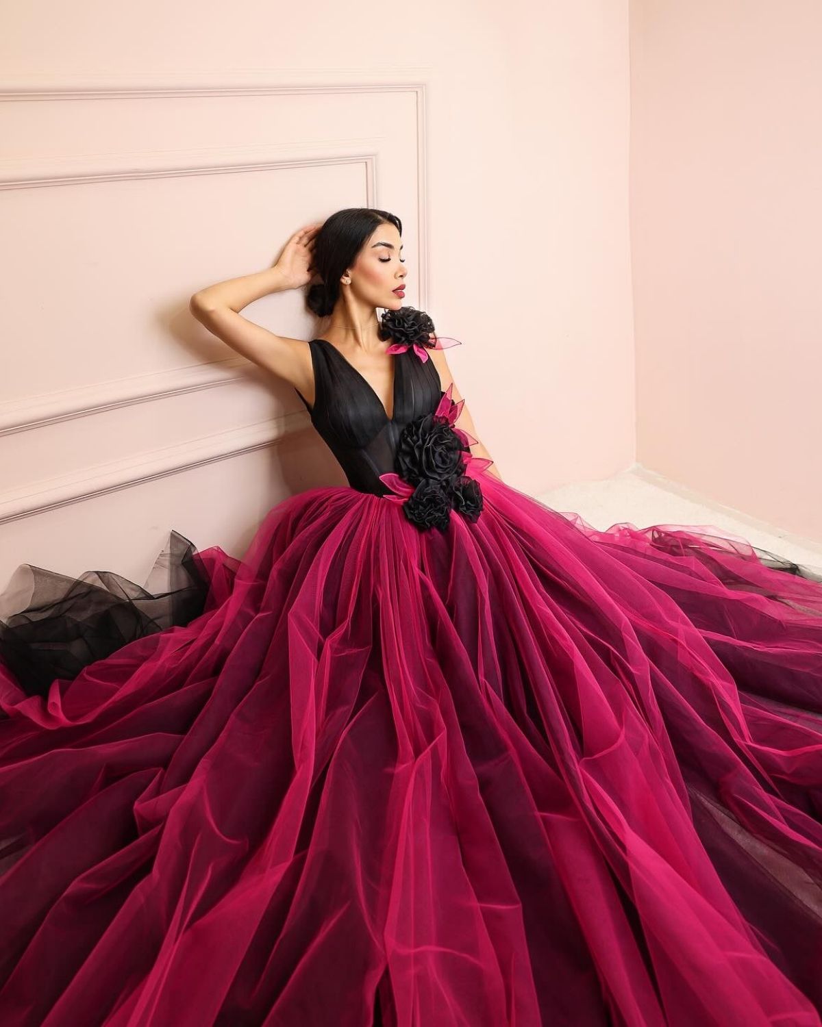 Black and Pink floral embroidered ball gown
