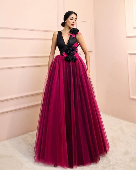 Black and Pink floral embroidered ball gown