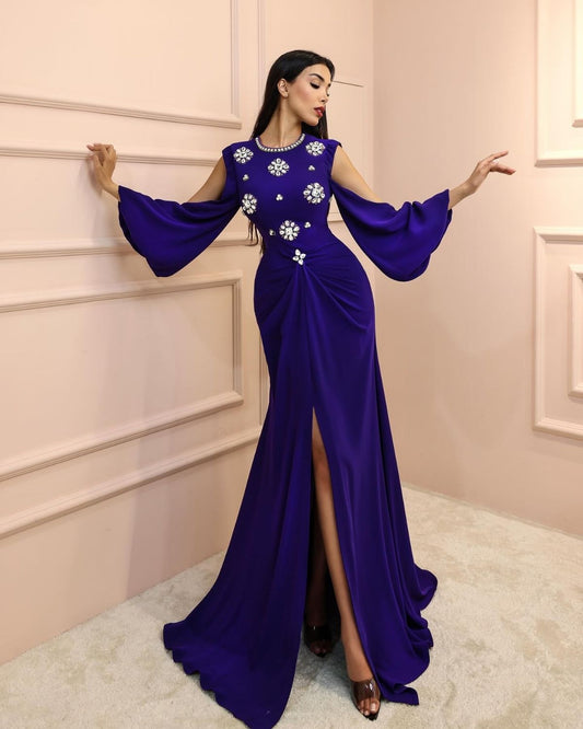Purple embroidered bodyson front slit gown