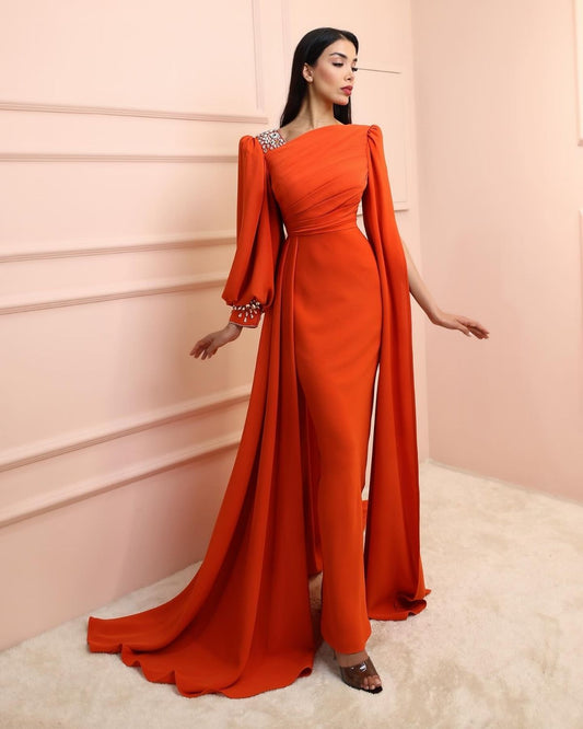Orange embroidererd bodycon drape gown