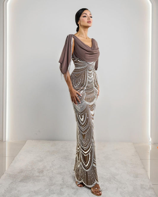 Brown embroidered bodycon gown