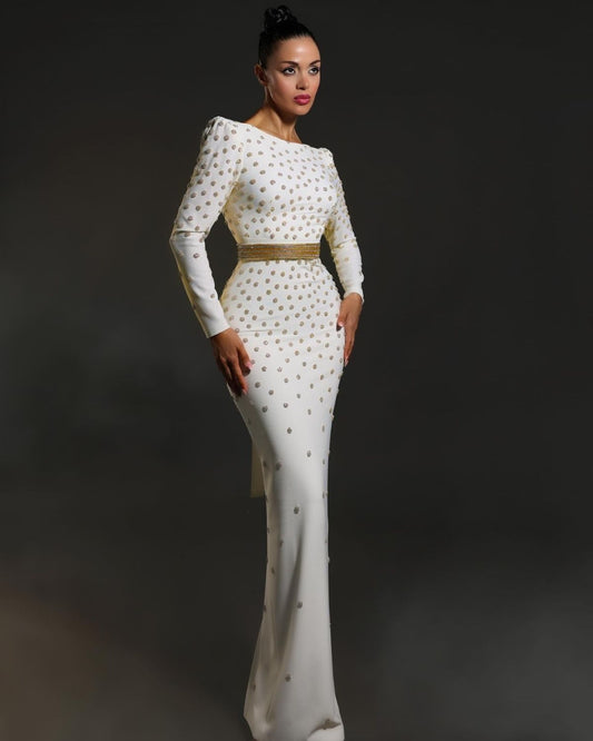 White embroidered full sleeves bodycon gown