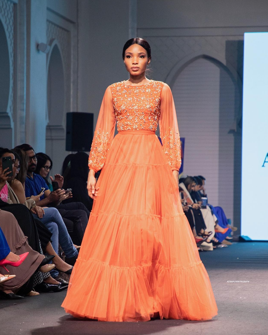 Peach embroidered gathered tiered dress