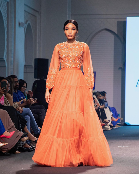 Peach embroidered gathered tiered dress
