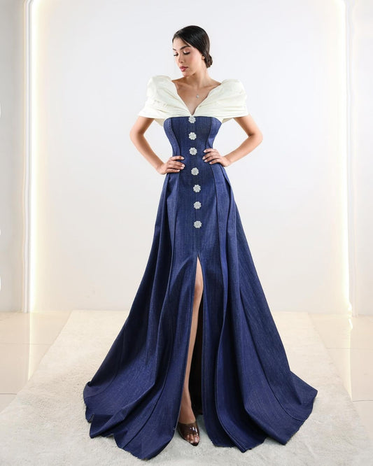 White and denim blue V neck gown