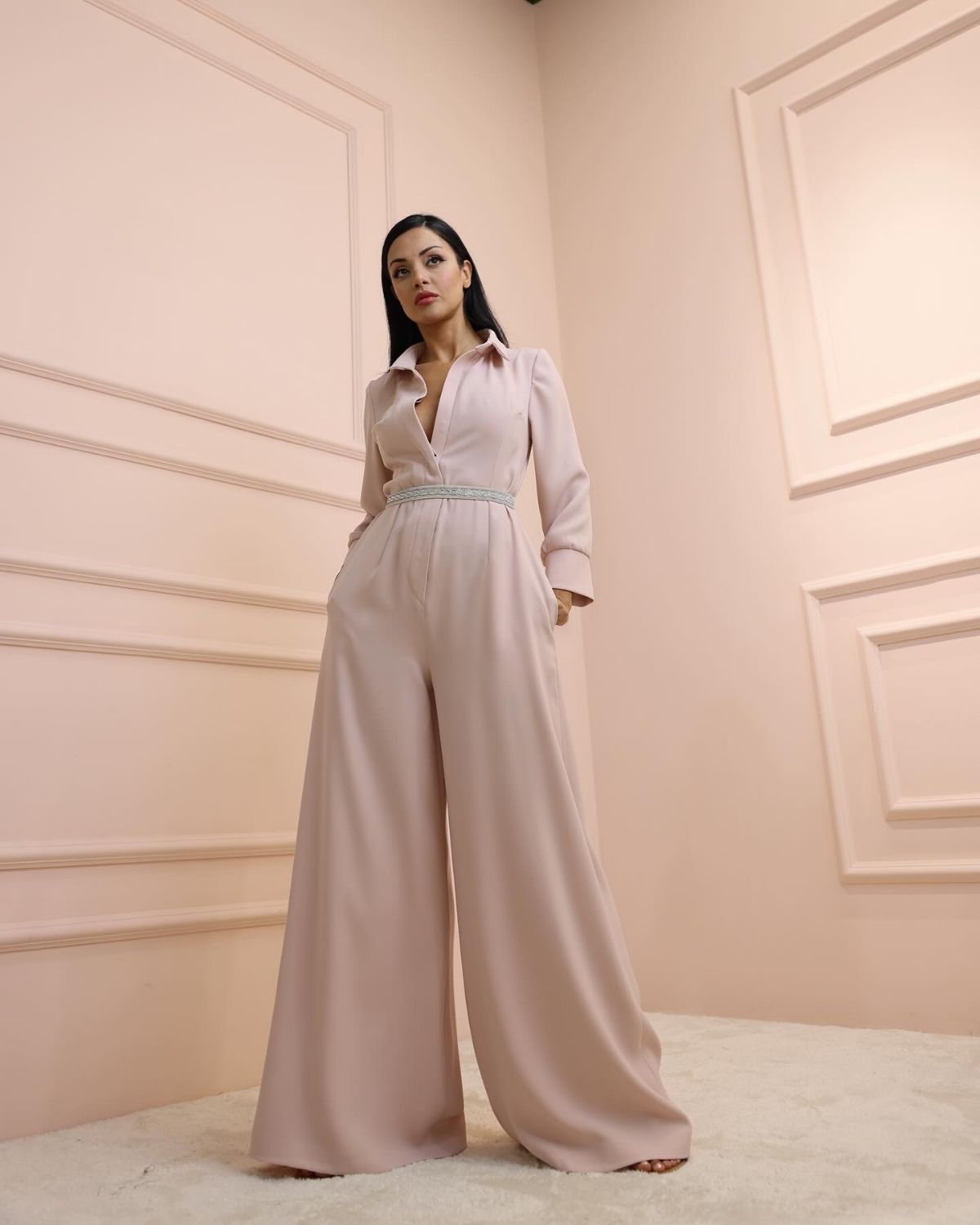 Light pink embroidered waist jumpsuit