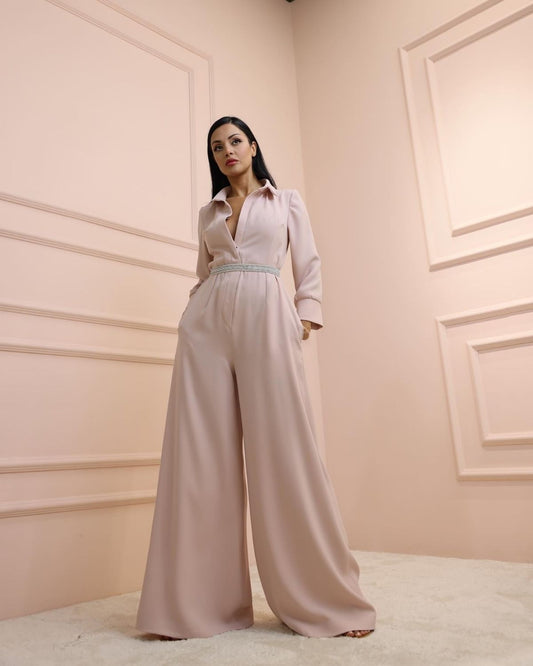 Light pink embroidered waist jumpsuit