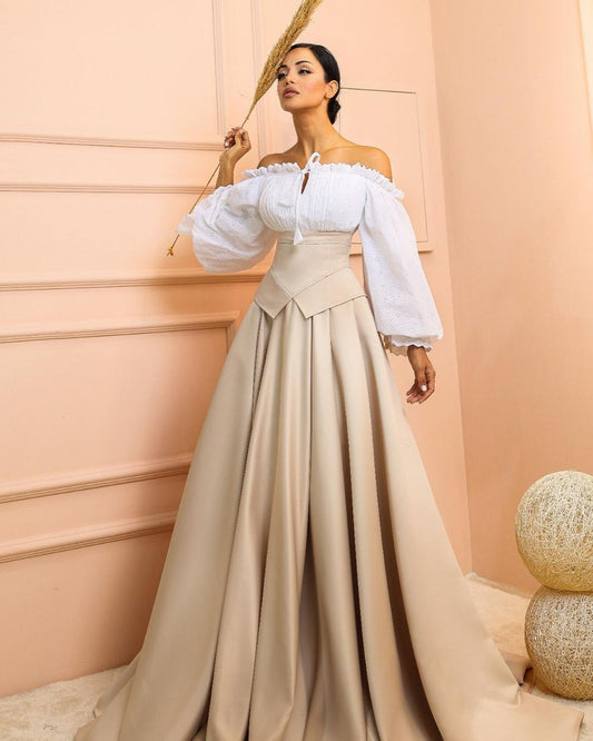 Beige and White off shoulder Ball gown