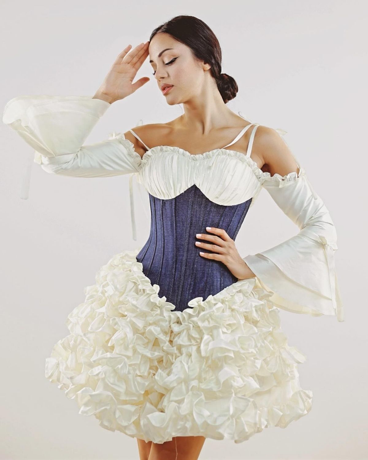 White and Denim Blue corset ruffle short dress