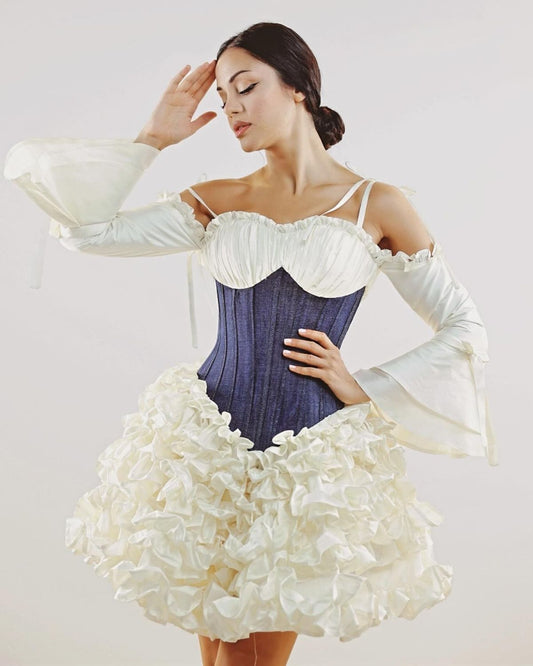 White and Denim Blue corset ruffle short dress