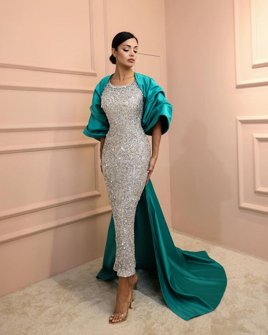 Silver shimmer bodycon dress with Peacock blue shrug cape