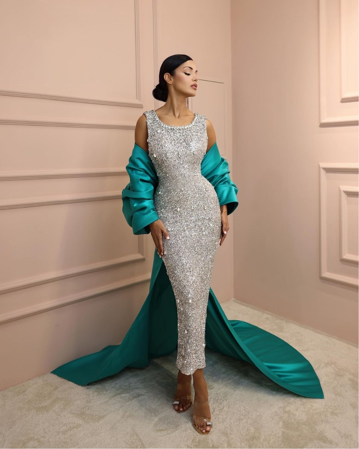 Silver shimmer bodycon dress with Peacock blue shrug cape