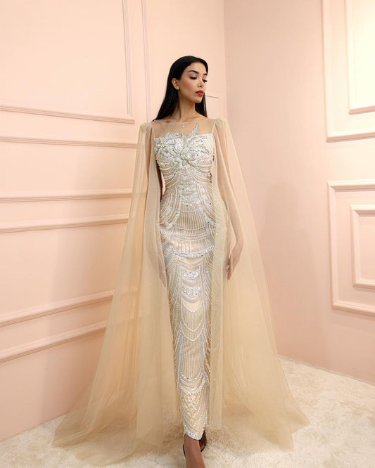 Beige and Silver embroidered bodycon cape gown