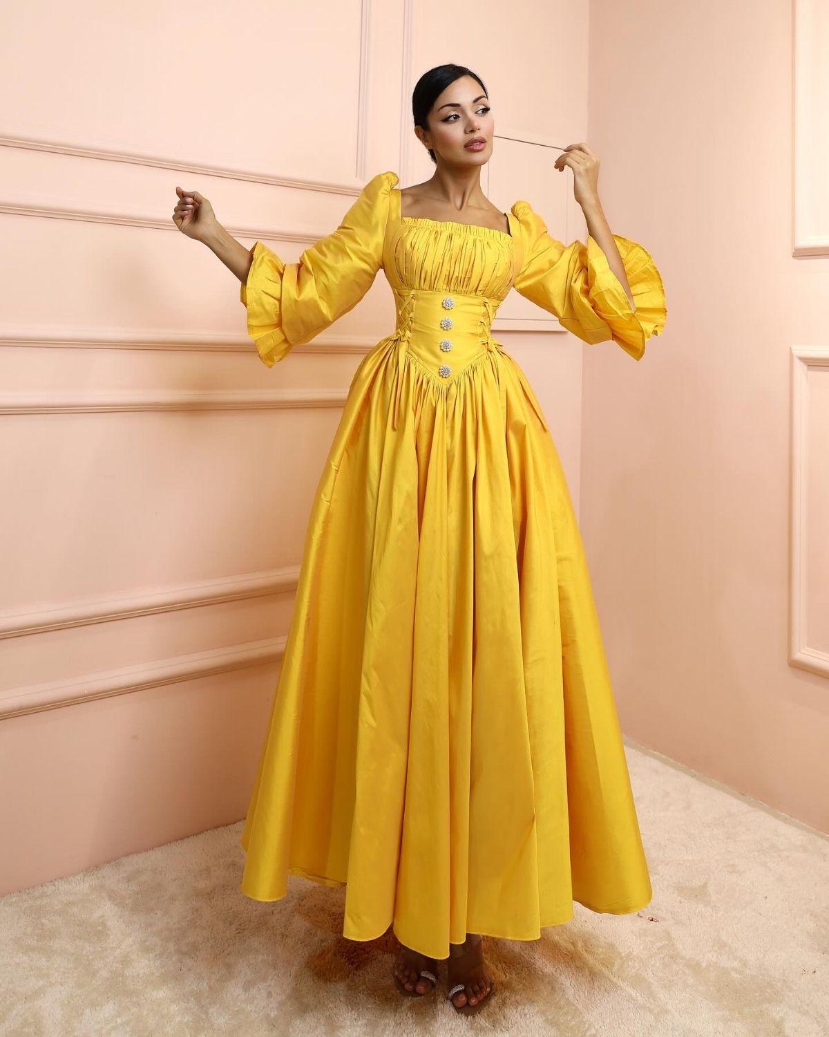 Yellow corset gathered gown