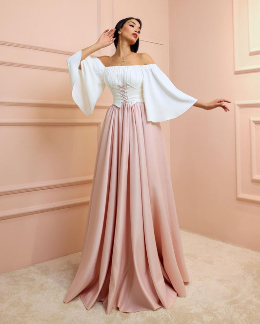 White and Pink off shoulder flare gown