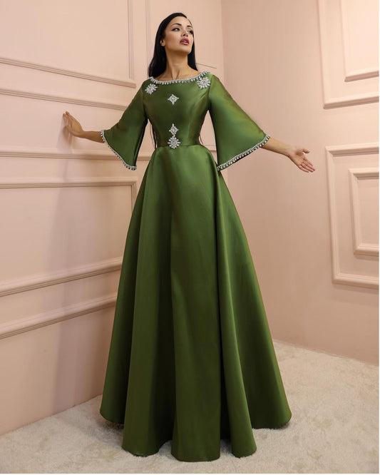 Green embroidered A line gown