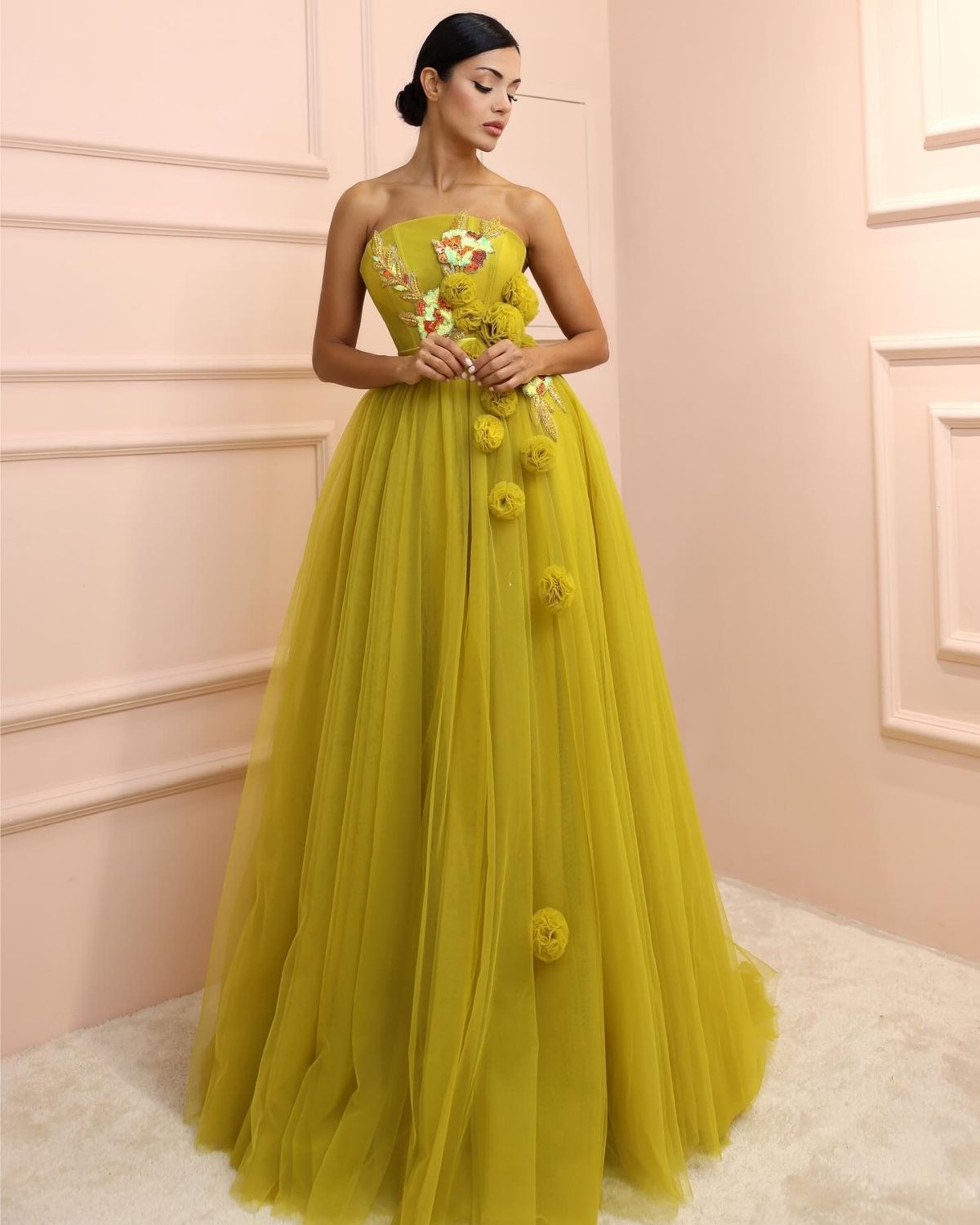 Lime green embroidered off shoulder dress