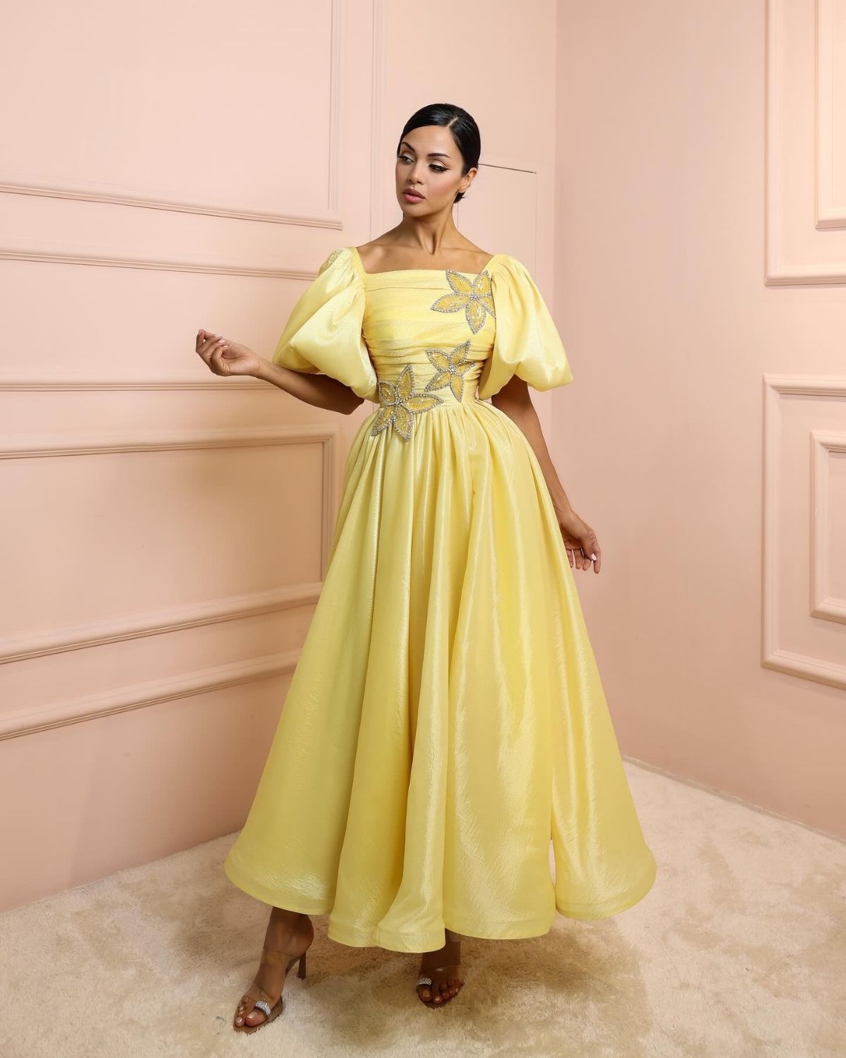 Yellow embroidered gathered dress