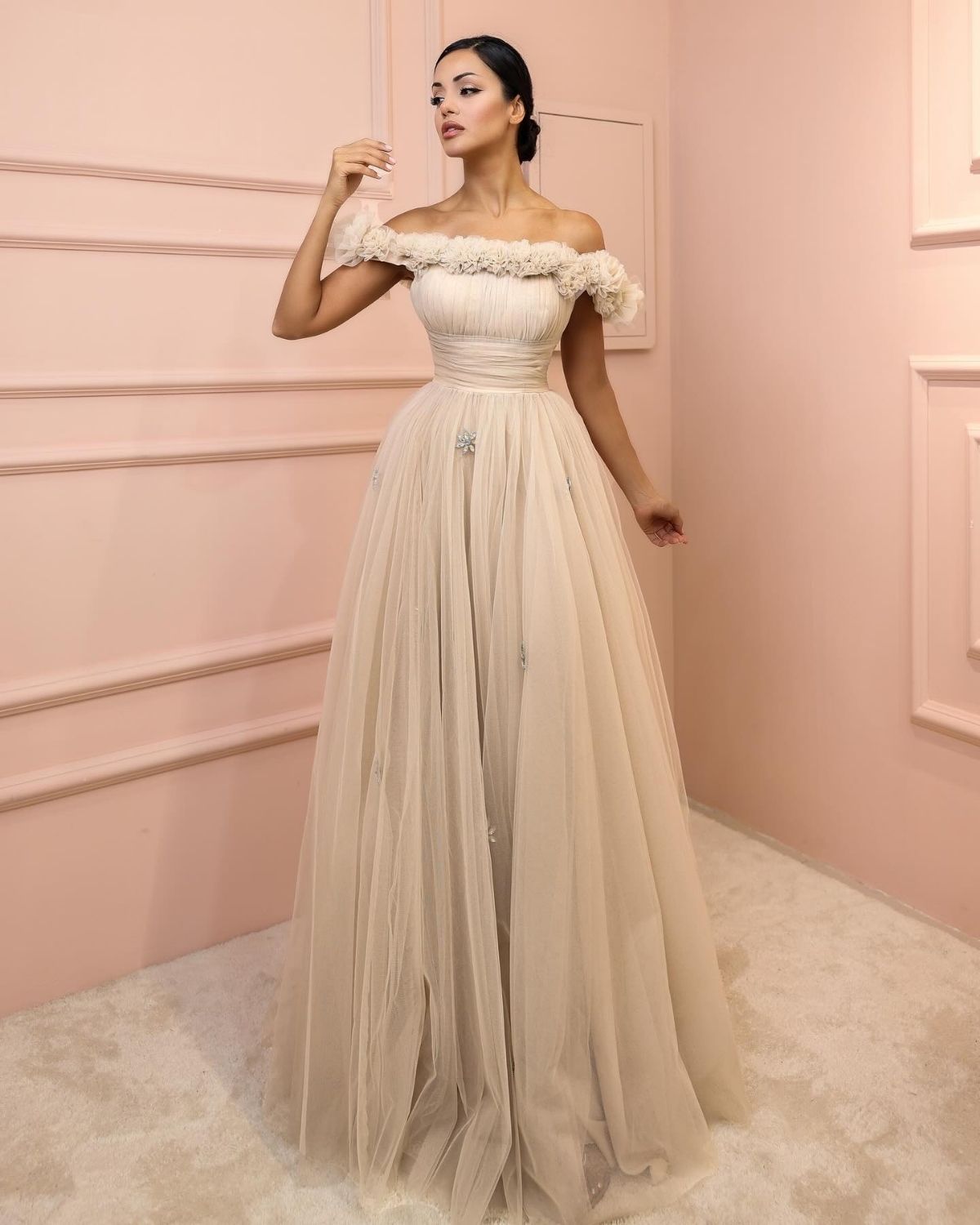 Beige off shoulder gathered dress
