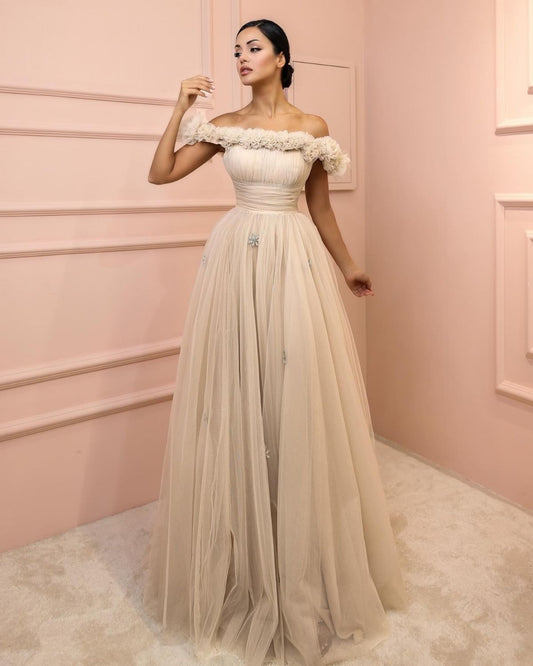 Beige off shoulder gathered dress