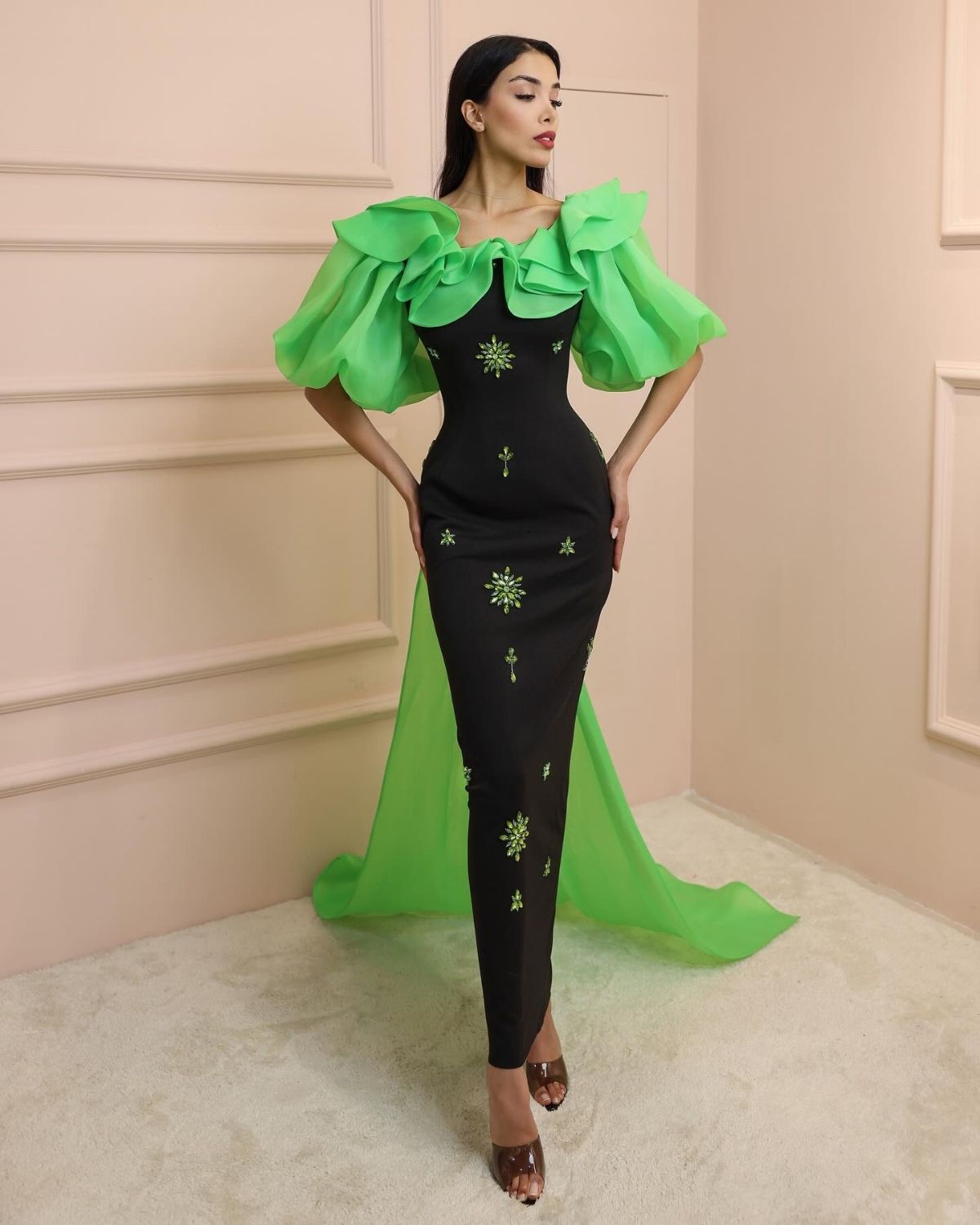 Black and green embroidered bodycon gown