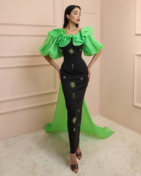 Black and green embroidered bodycon gown
