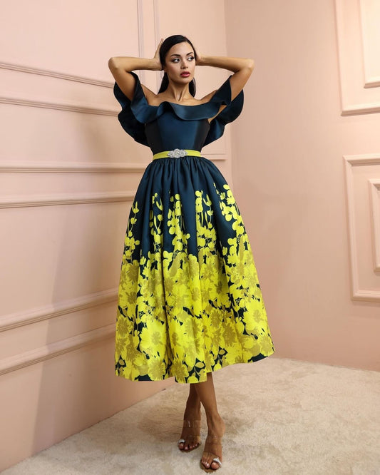 Blue and yellow floral printed off shoulder gathered dress