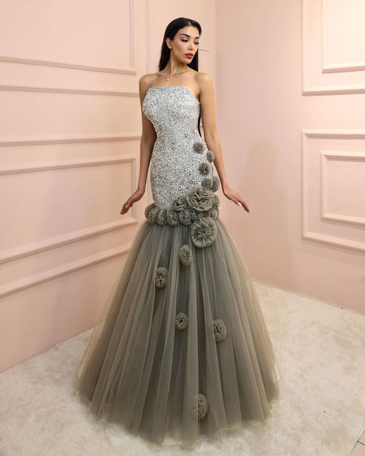 Grey and silver gathered bodycon dress with floral embellishments