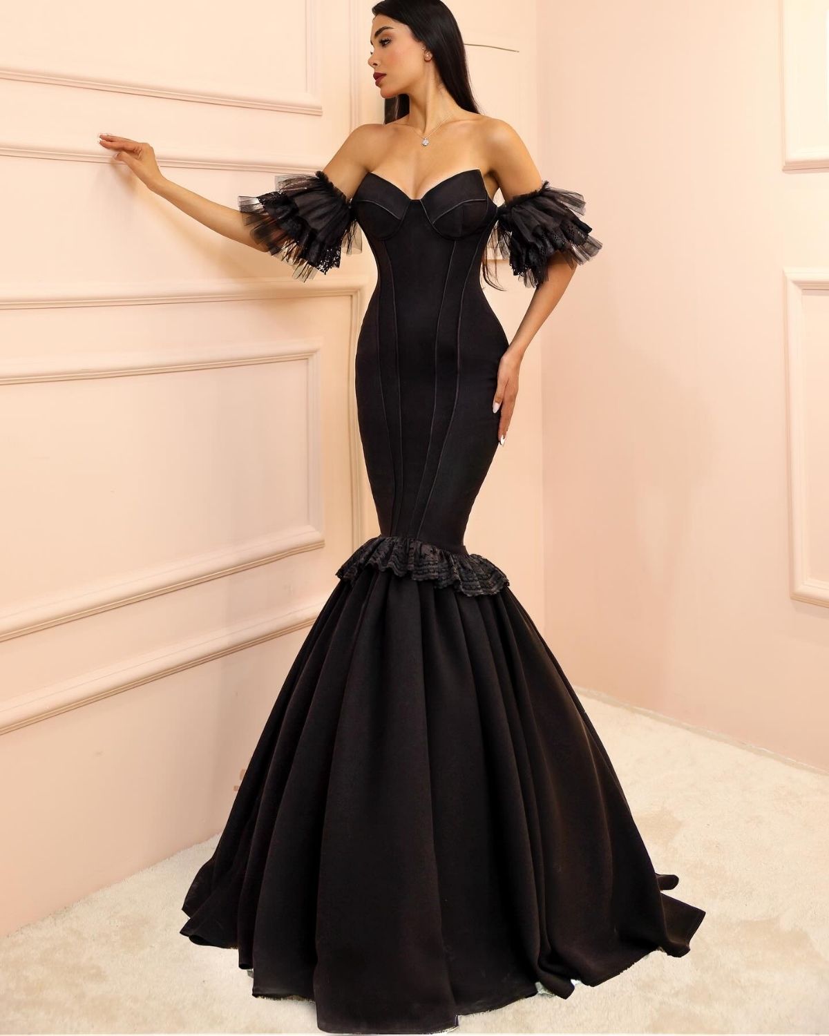 Black off shoulder bodycon mermaid gown