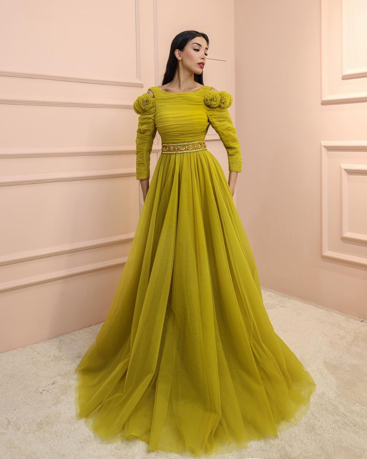 Yellowish green embroidered flowy gown