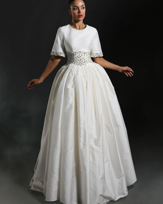 White embroidered waist Ball gown