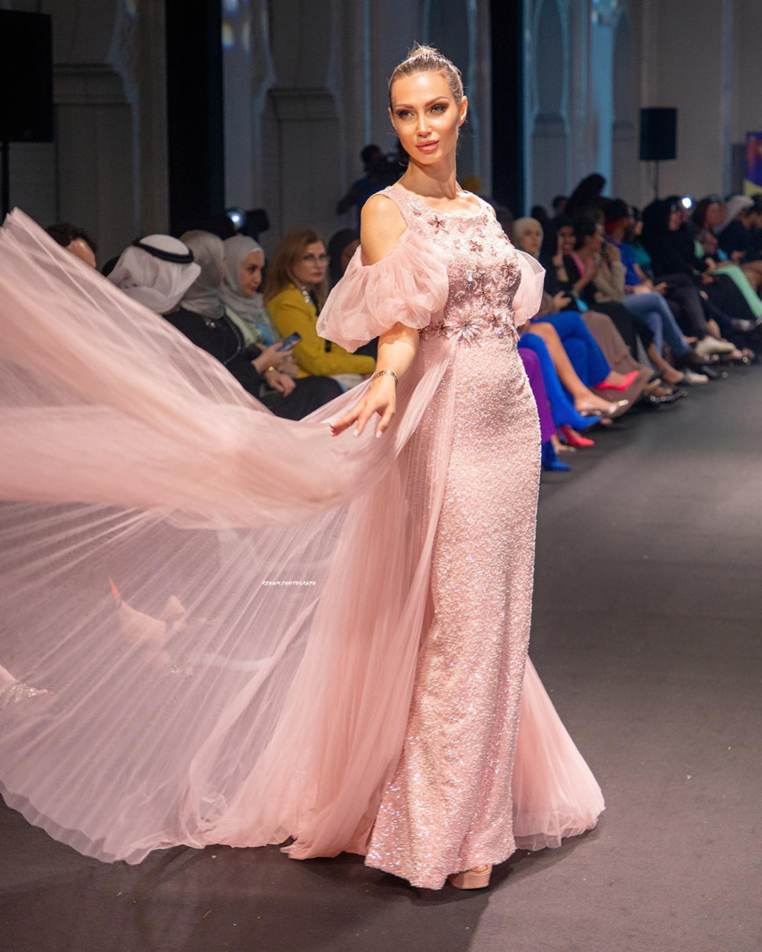 Pink embroidered bodycon drape gown