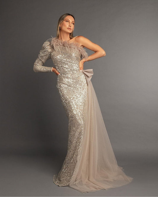 Grey and silver one sleeve bodycon sequence drape gown