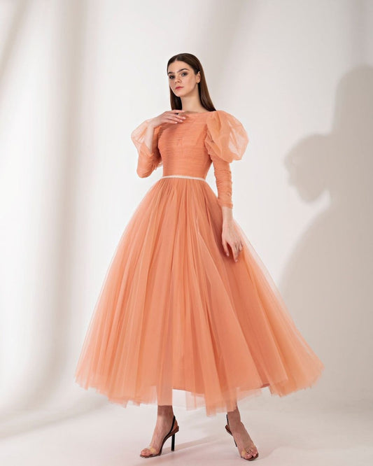 Peach balloon sleeves gathered dress